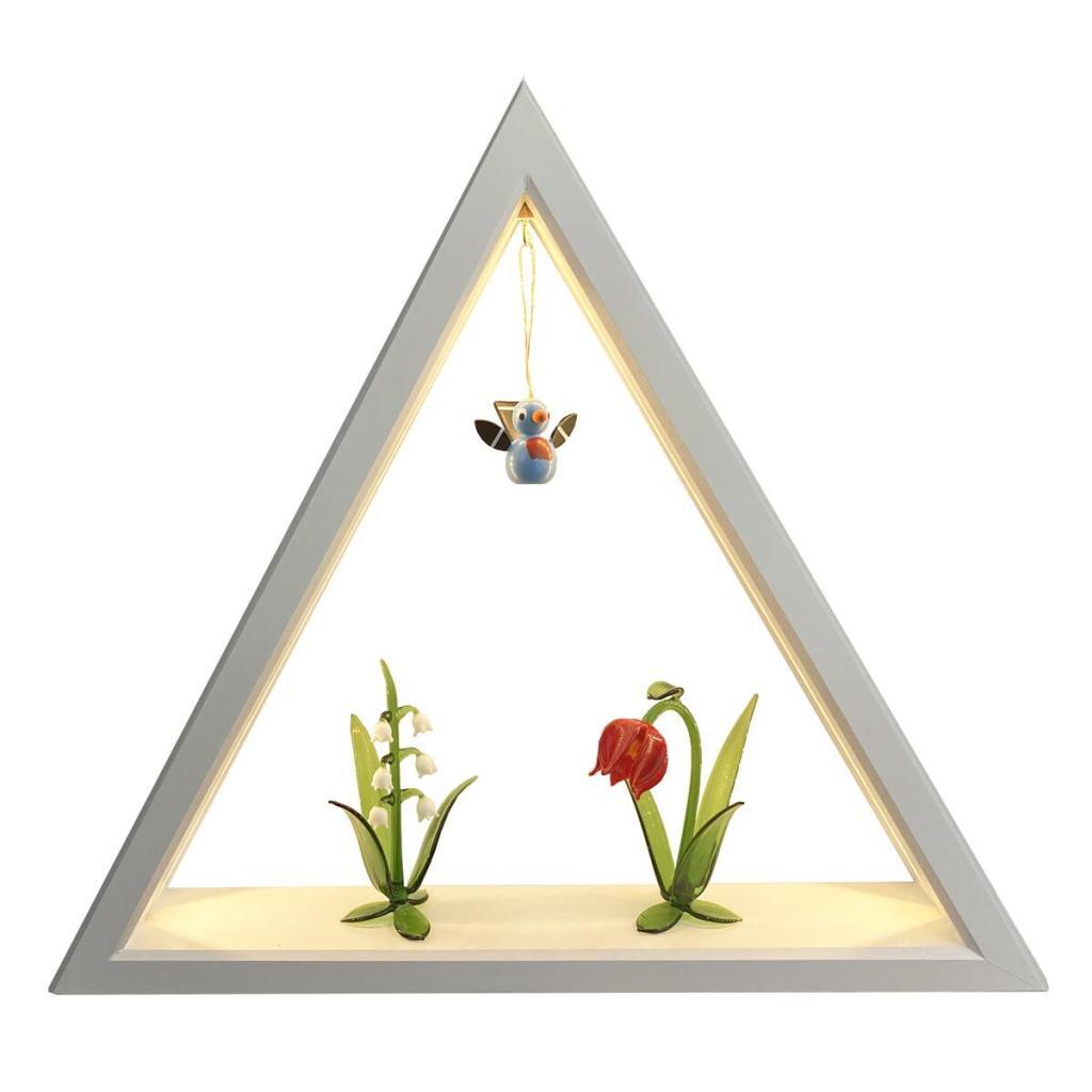 Dreieckiger LED Lichterbogen mit stehenden Glas-Frühlingsblühern und hängendem Holzvogel